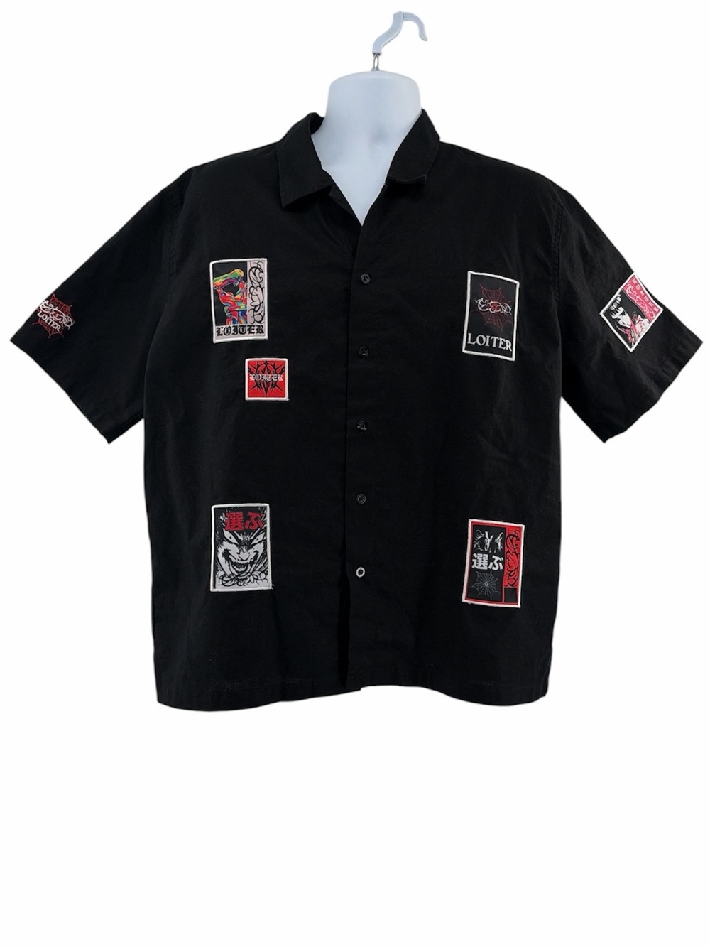 Loiter Mens Black Short-Sleeve Button-Up Shirt with Graphic Patchwork Size M